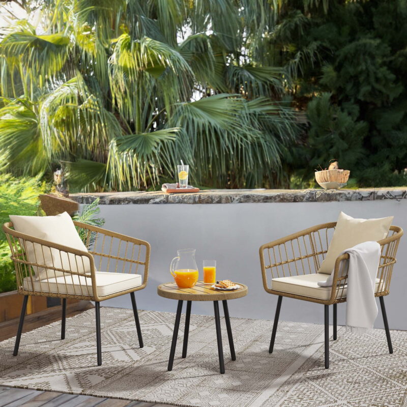 Dextrus 3 Piece Outdoor Wicker Furniture Patio Bistro Set, PE Rattan Wicker Chairs Set with Table and Cushions, Porch Balcony Furniture Set for Porch Backyard Pool, Beige - Image 3