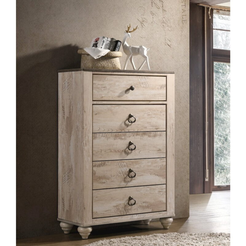Roundhill Furniture Imerland Contemporary White Wash Finish Patched Wood Top 5-drawer Chest - Image 4