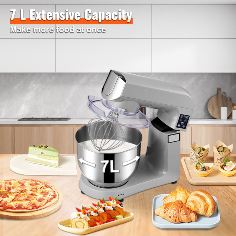 BENTISM 7.3 qt Stand Mixer, Silver with Meat Grinder, Scraper, Food Tray - Image 6