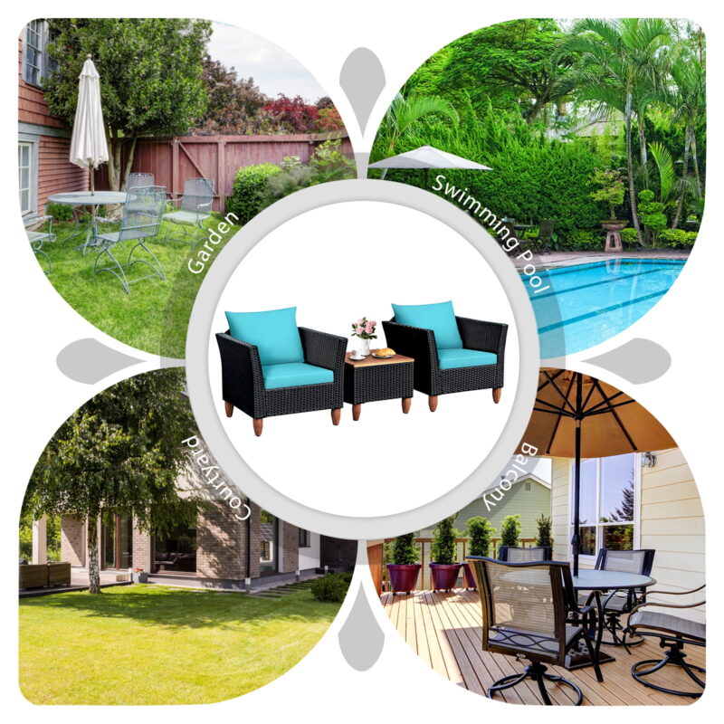 Gymax Fashion 3PCS Patio Rattan Conversation Furniture Set Yard Outdoor w/ Turquoise Cushions - Image 6