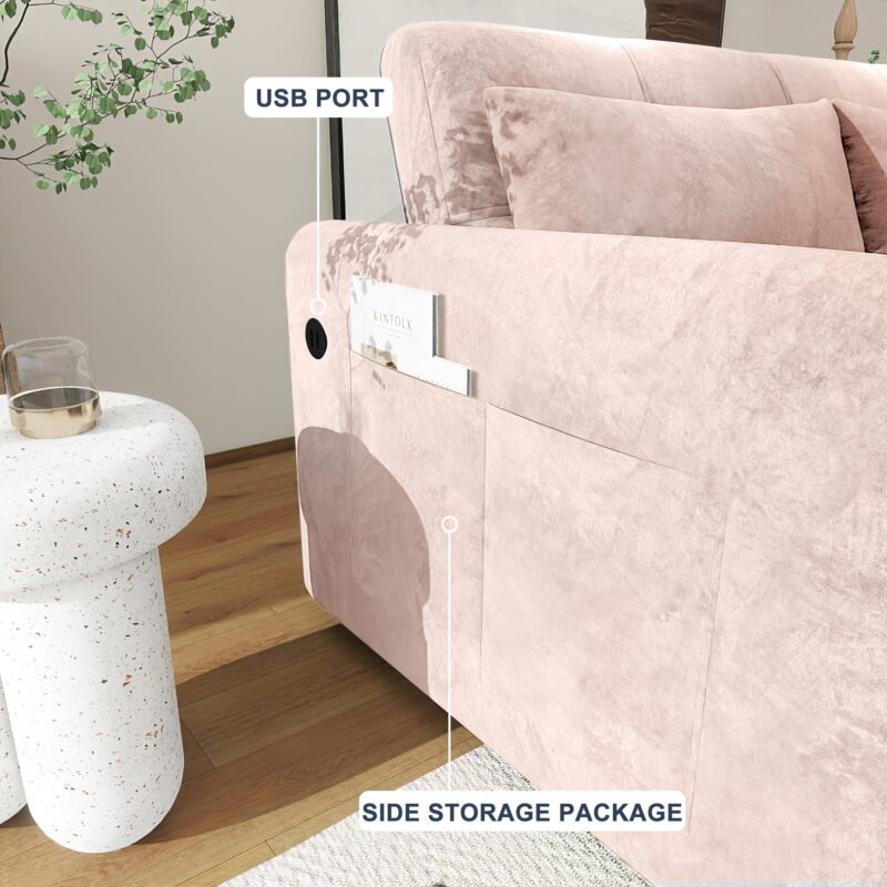 DEALTOPS Convertible Sofa Bed with USB, 55'' Loveseat Sleeper for Living Room, Apartment, Bedroom, Pink Velvet - Image 4
