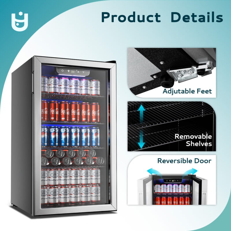 EUHOMY 125 Can Beverage Refrigerator and Mine Cooler with Glass Door for Soda Beer or Wine - Image 3