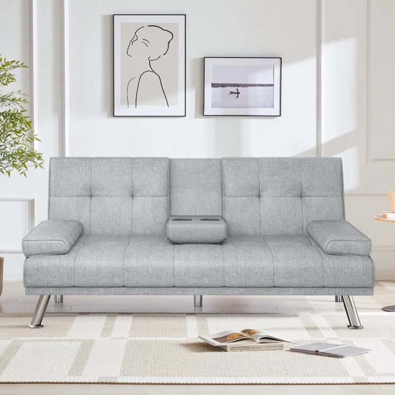 Folding Sofa Bed with Cup Holder Convertible Futon Couches Adjustable Backrest Modern Linen Furniture Upholstery for Living Room - Image 2
