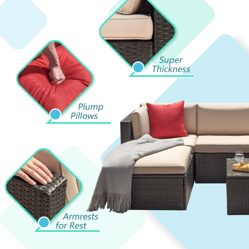 LACOO 5 Pieces Patio Sectional Set PE Rattan Outdoor All-Weather Wicker Conversation Set with Table, Beige - Image 4