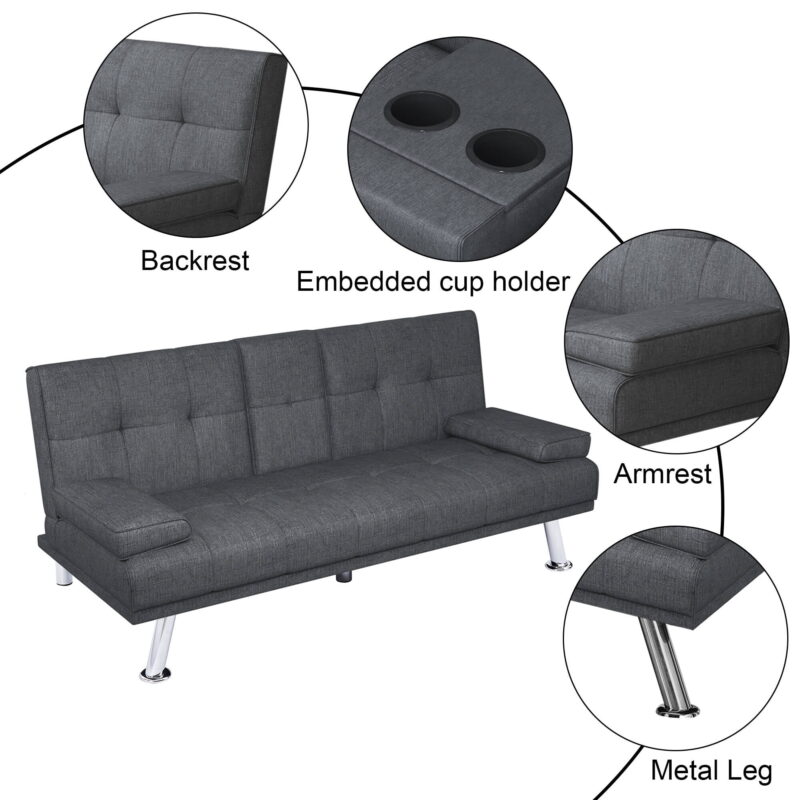 Folding Sofa Bed with Cup Holder Convertible Futon Couches Adjustable Backrest Modern Linen Furniture Upholstery for Living Room - Image 3