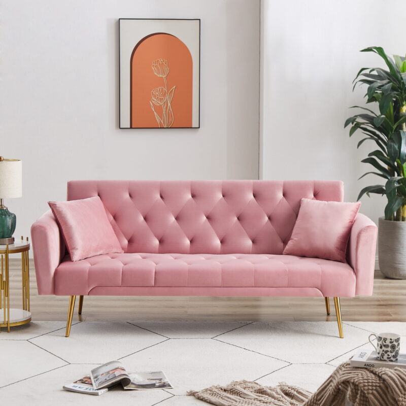 71 Inches Velvet Futon Sofa Bed with 2 Pillows,Modern Convertible Futon Couch with Adjustable Backrest,Pink - Image 2