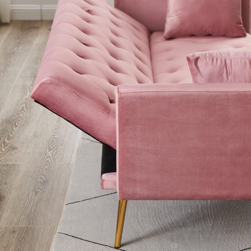 71 Inches Velvet Futon Sofa Bed with 2 Pillows,Modern Convertible Futon Couch with Adjustable Backrest,Pink - Image 7