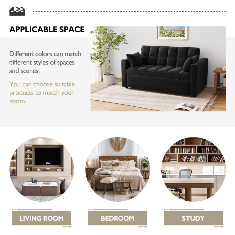 AENKYO Convertible Pull-Out Loveseat Sleeper Sofa Bed for Living Room, Modern Upholstered Futon in Black - Image 2
