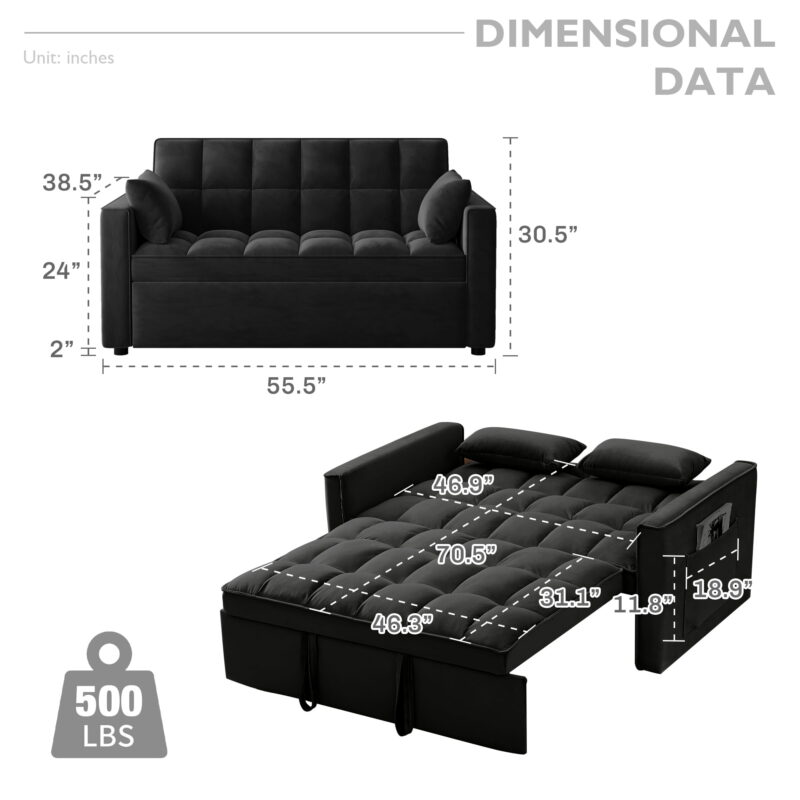 AENKYO Convertible Pull-Out Loveseat Sleeper Sofa Bed for Living Room, Modern Upholstered Futon in Black - Image 7