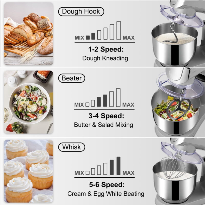 BENTISM 7.3 qt Stand Mixer, Silver with Meat Grinder, Scraper, Food Tray - Image 3