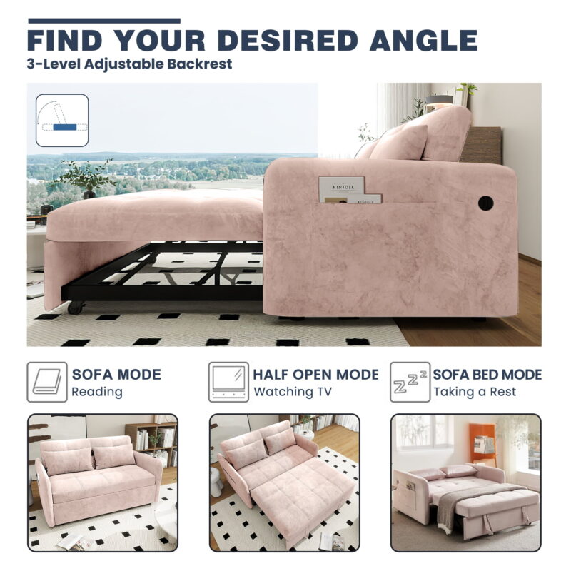 DEALTOPS Convertible Sofa Bed with USB, 55'' Loveseat Sleeper for Living Room, Apartment, Bedroom, Pink Velvet - Image 5