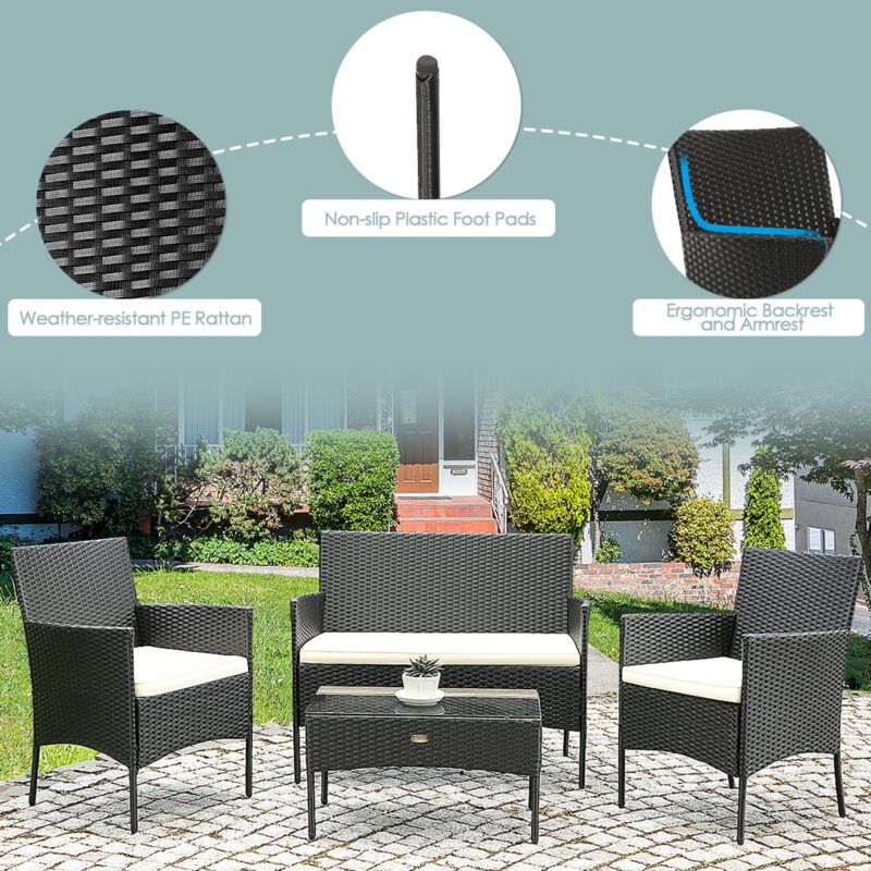 Gymax Fashion 4PCS Outdoor Furniture Set Patio Rattan Conversation Set w/ Beige Cushion - Image 4