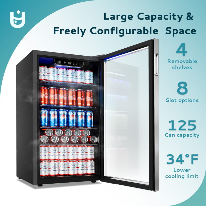 EUHOMY 125 Can Beverage Refrigerator and Mine Cooler with Glass Door for Soda Beer or Wine - Image 6