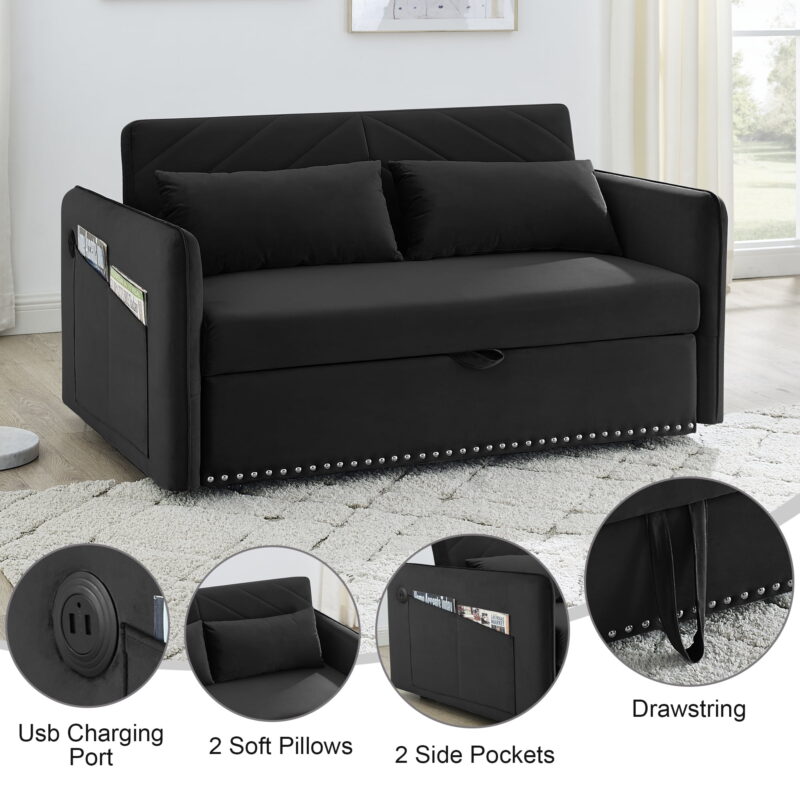 Aukfa 3 in 1 Convertible Sleeper Sofa Bed with 2 Pillows & USB Port, 55" Velvet Loveseat Sofa, Black - Image 2