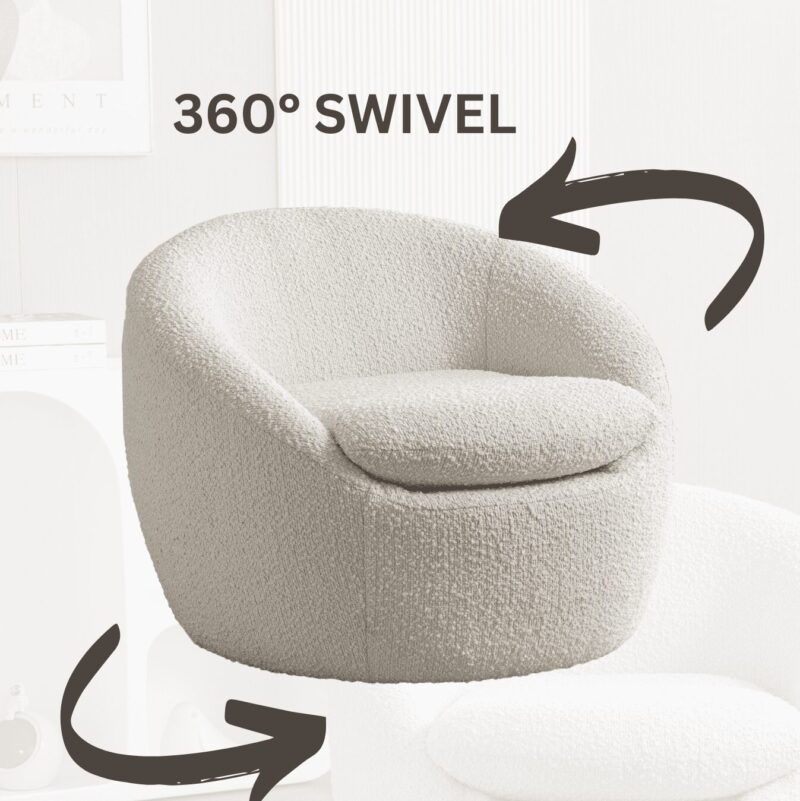 Roundhill Furniture Winnie Modern Teddy Boucle Fabric Barrel Chair, 360 Degree Swivel, White - Image 2