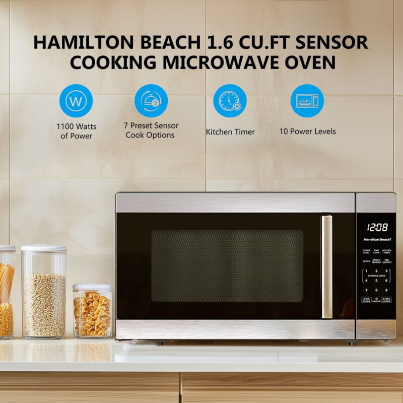 Hamilton Beach 1.6 Cu ft Sensor Cook Countertop Microwave Oven in Stainless Steel, New - Image 2