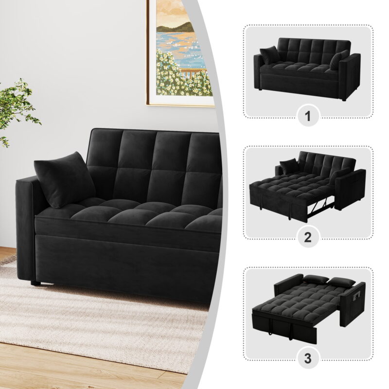 AENKYO Convertible Pull-Out Loveseat Sleeper Sofa Bed for Living Room, Modern Upholstered Futon in Black - Image 4