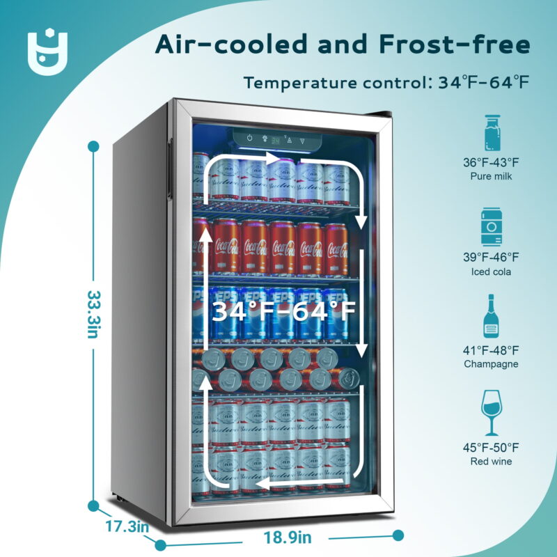 EUHOMY 125 Can Beverage Refrigerator and Mine Cooler with Glass Door for Soda Beer or Wine - Image 7