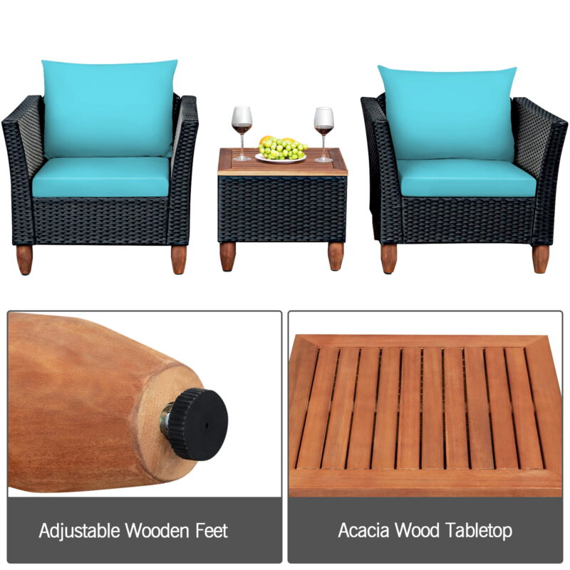 Gymax Fashion 3PCS Patio Rattan Conversation Furniture Set Yard Outdoor w/ Turquoise Cushions - Image 5