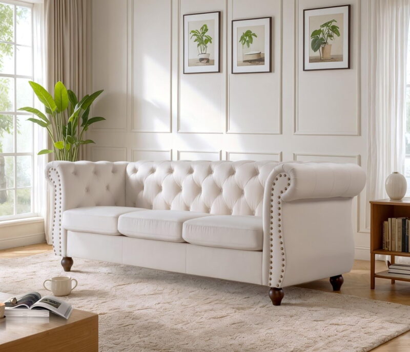 US Pride Furniture Chester 83 in. Wide Rolled Arm Velvet Modern Straight living Room Sofa, Ivory - Image 2