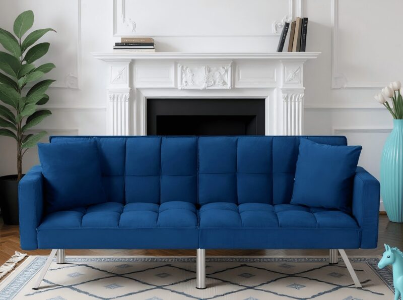 Gewnee 74"Velvet Upholstered Modern Convertible Futon, Adjustable Folding Sofa Bed, Guest Bed for Living Room, Bedroom, Apartment (Navy Blue) - Image 2