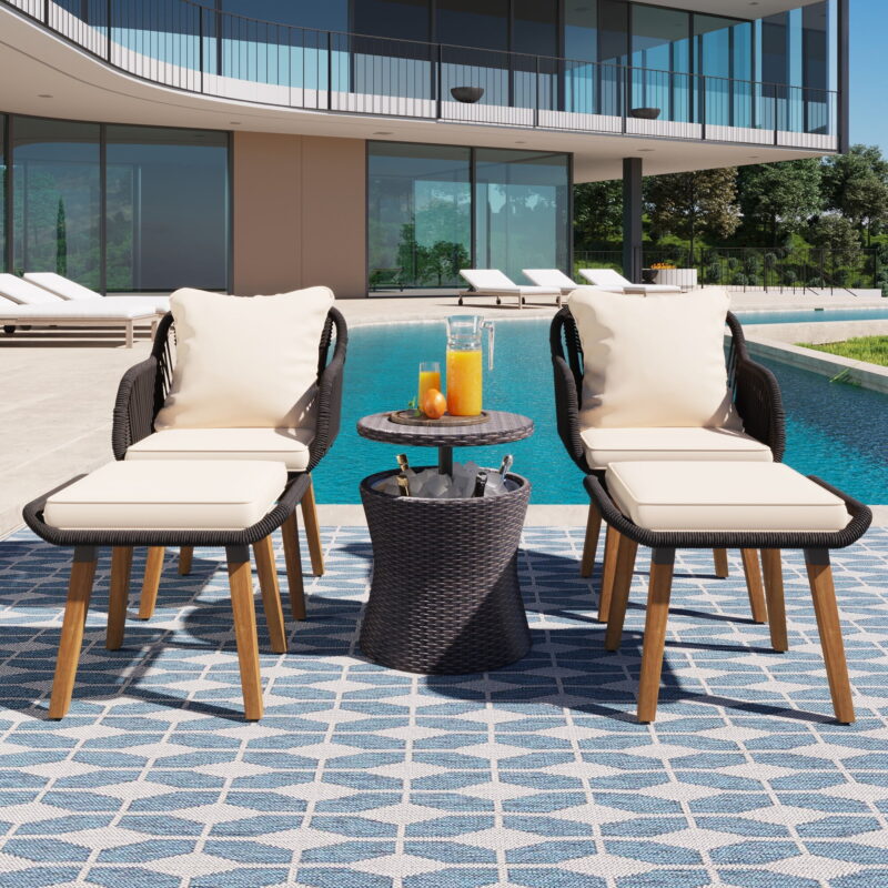 AENKYO 5-Piece Rope Patio Furniture Set with Wicker Pop-Up Cooler Table, Cushioned Chairs & Ottomans, Black - Image 5