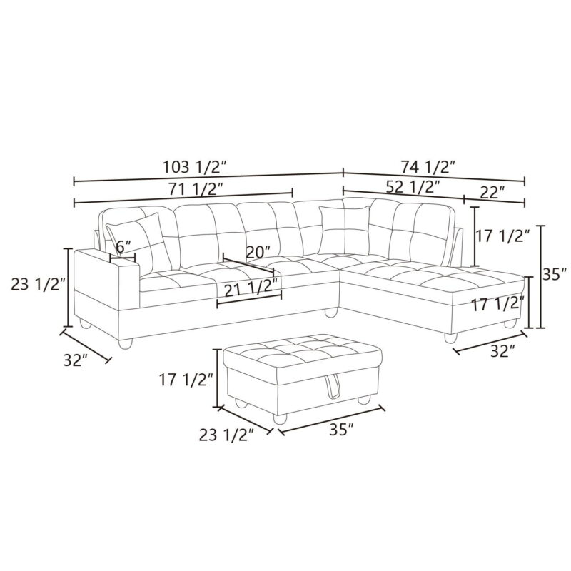 Hommoo 4 Seats Flannel and PVC Sectional Sofa Couch Set, Modern L Shaped Sectional Couch, Living Room Furniture Set, Dark Brown - Image 4