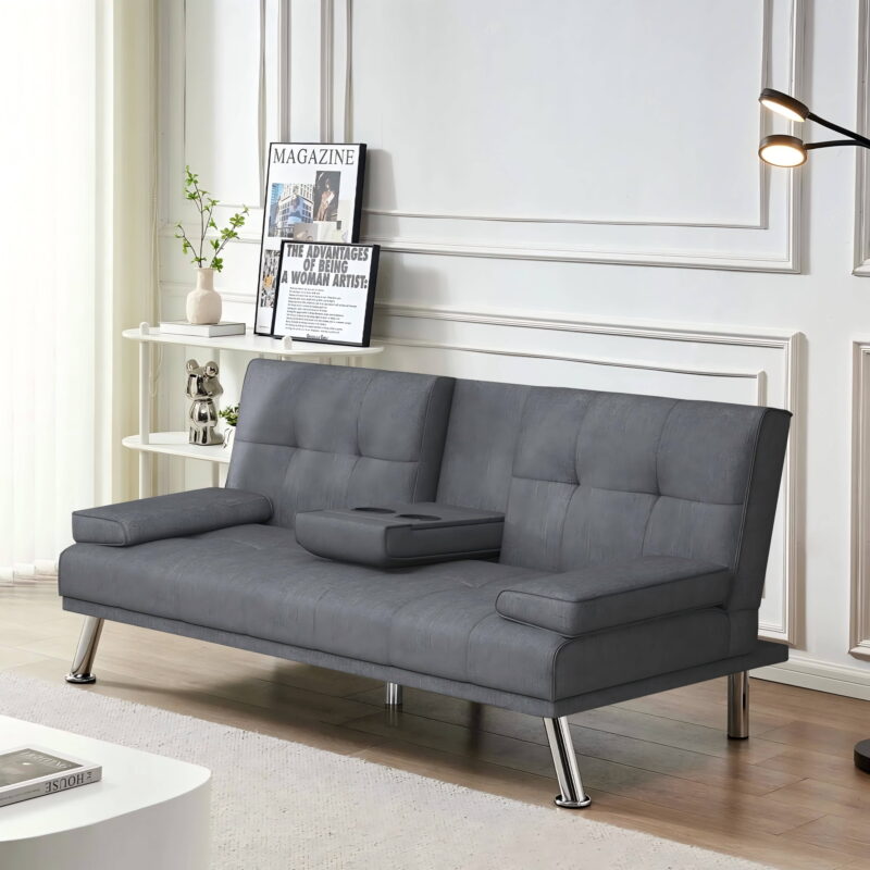 Folding Sofa Bed with Cup Holder Convertible Futon Couches Adjustable Backrest Modern Linen Furniture Upholstery for Living Room - Image 7
