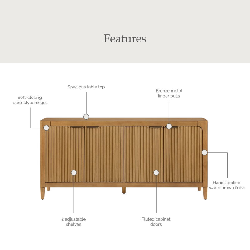 My Texas House Linden Fluted Buffet Cabinet Sideboard with Adjustable Shelves, Warm Brown - Image 6