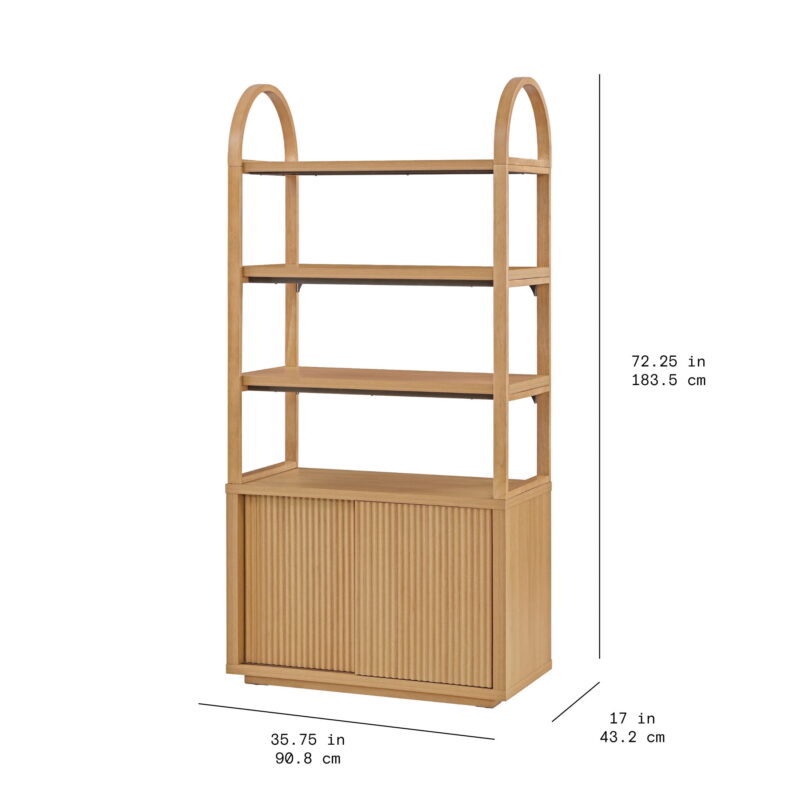 Beautiful Fluted 3-Shelf Bookcase with Storage Cabinet by Drew Barrymore, Light Honey Wood Finish - Image 4
