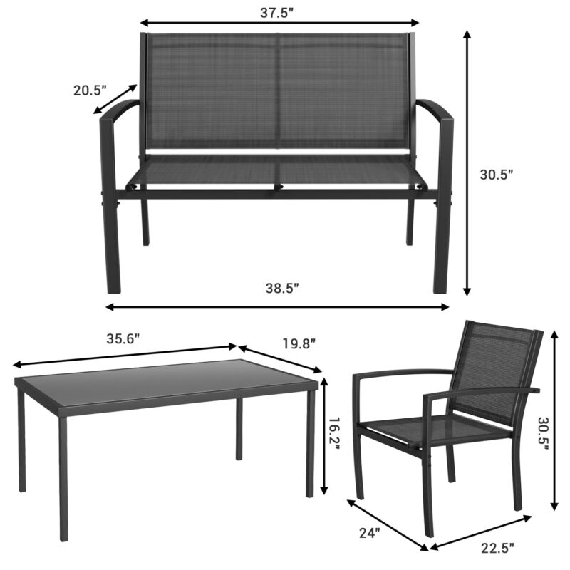 LACOO 4 Pieces Outdoor Furniture Set Patio Textilene Steel Conversation Set with Loveseat Tea Table for Lawn and Balcony, Black - Image 7