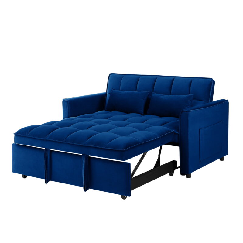 3 in 1 Sleeper ,55" Modern Velvet Convertible Pull Out Bed, Loveseat with 2 Toss Pillows and Adjustable Backrest for ,Blue - Image 4