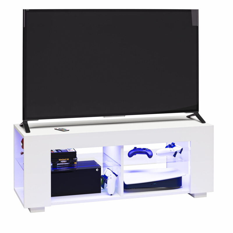 NTense LED TV Stand with Glass Shelves for TVs up to 55", White Gloss - Image 4