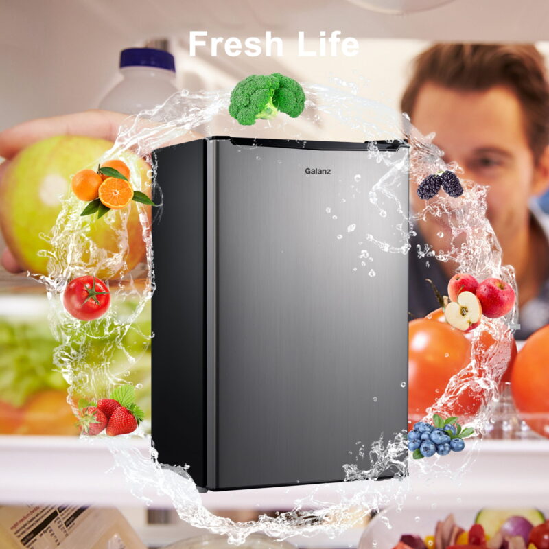 Galanz 3.3 Cu ft One Door Mini Fridge, Estar, Stainless Steel Look, New - Image 3