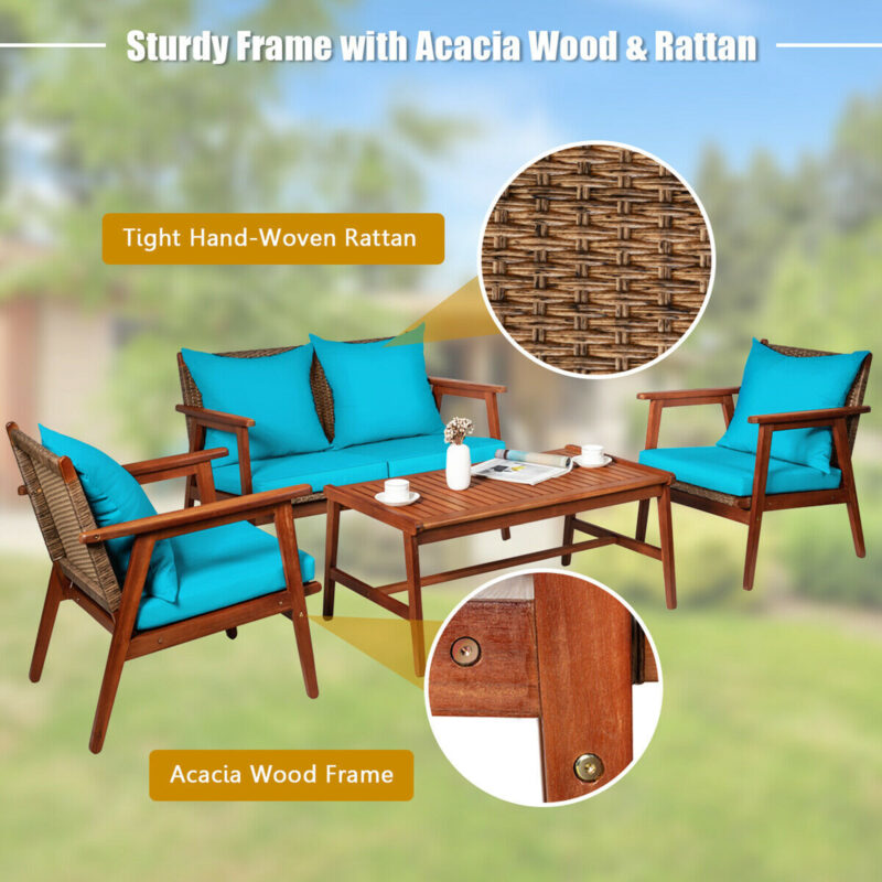 Gymax Fashion 4PCS Patio Conversation Set Wood Frame Furniture Set w/ Turquoise Cushions - Image 4
