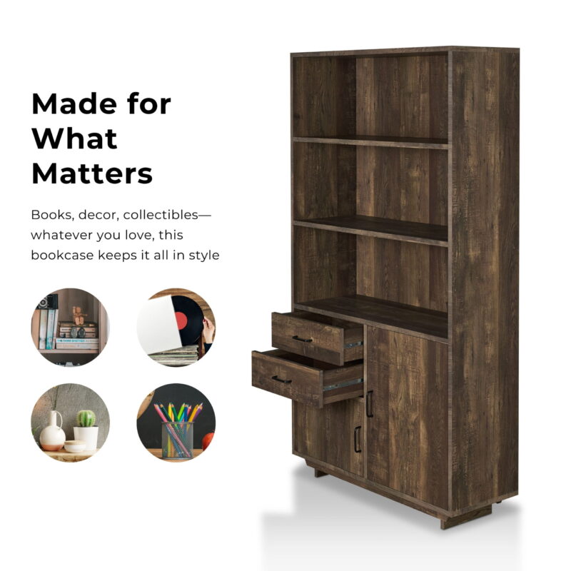 Furniture of America Cadena Multi-Storage Bookcase, Reclaimed Oak - Image 2