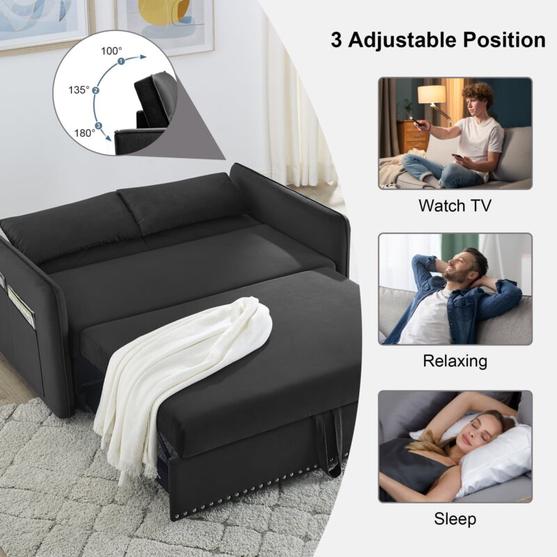Aukfa 3 in 1 Convertible Sleeper Sofa Bed with 2 Pillows & USB Port, 55" Velvet Loveseat Sofa, Black - Image 5