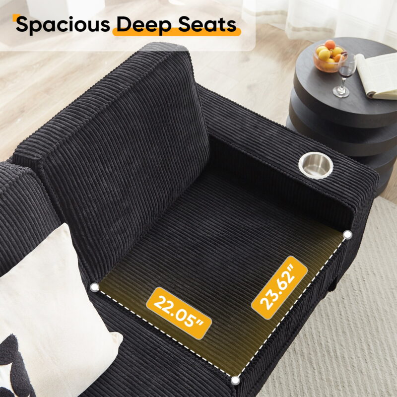 Dinosisco 83.9" Corduroy Sofa with Cup Holders, Modern 3-Seater Couch for Living Room, Black - Image 5