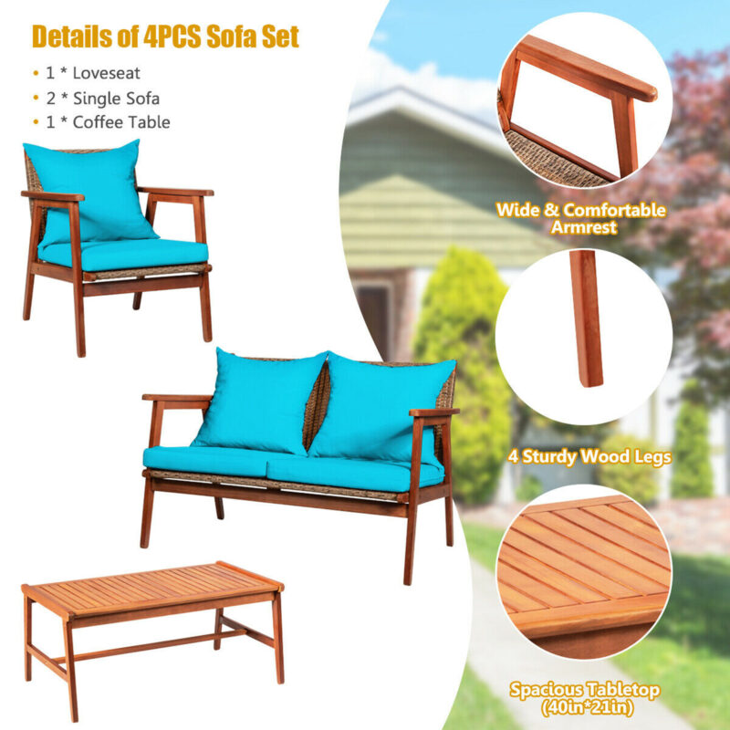 Gymax Fashion 4PCS Patio Conversation Set Wood Frame Furniture Set w/ Turquoise Cushions - Image 6