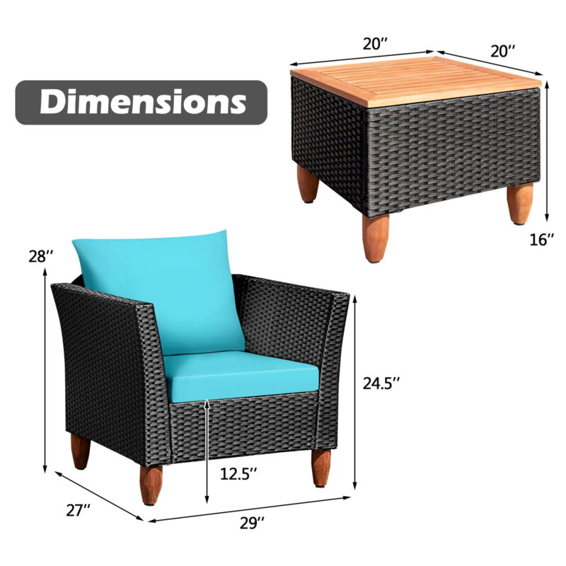 Gymax Fashion 3PCS Patio Rattan Conversation Furniture Set Yard Outdoor w/ Turquoise Cushions - Image 3