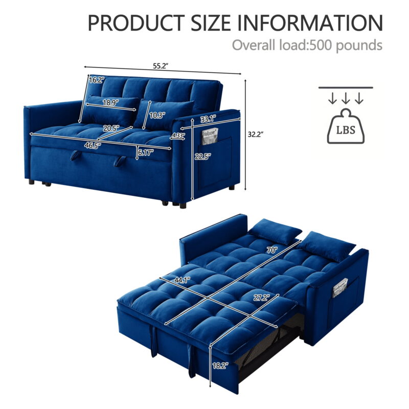 3 in 1 Sleeper ,55" Modern Velvet Convertible Pull Out Bed, Loveseat with 2 Toss Pillows and Adjustable Backrest for ,Blue - Image 3