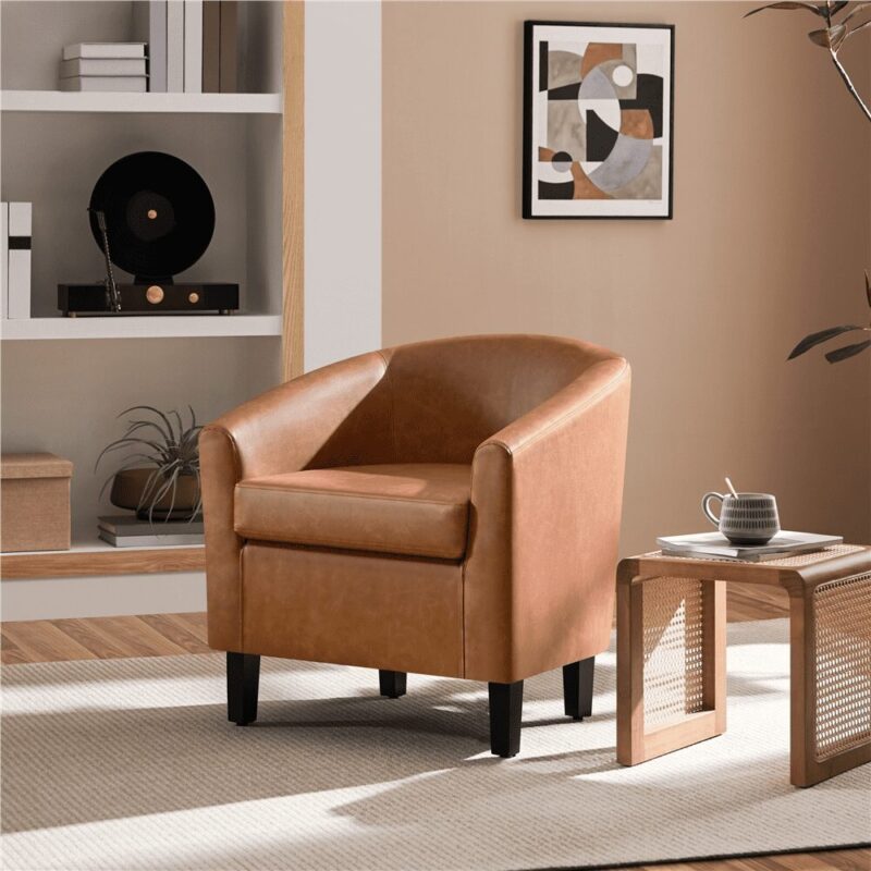 Renwick Faux Leather Barrel Accent Chair for Living Room, Set of 2, Brown - Image 5