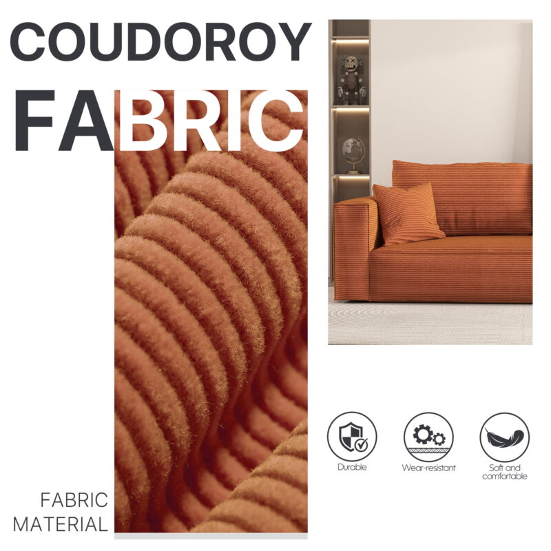 FocalSweet 89" Living Room Sleep Sofa, Deep Seat Corduroy Couch with Side Pocket,No Assembly Required, 3 Seater, Orange - Image 6