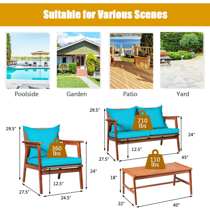 Gymax Fashion 4PCS Patio Conversation Set Wood Frame Furniture Set w/ Turquoise Cushions - Image 3