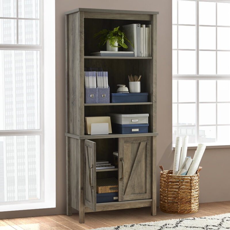 Better Homes & Gardens Modern Farmhouse Bookcase with Doors, Gray Finish - Image 5