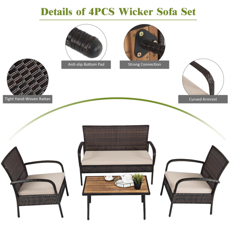 Gymax Fashion 4PCS Cushioned Rattan Patio Conversation Set Outdoor Furniture Set - Image 6