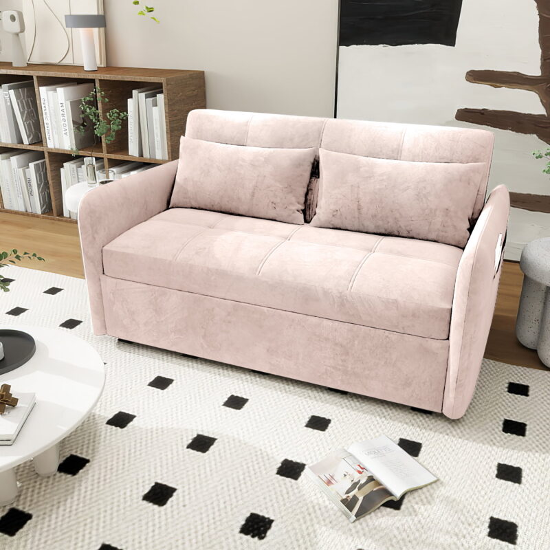 DEALTOPS Convertible Sofa Bed with USB, 55'' Loveseat Sleeper for Living Room, Apartment, Bedroom, Pink Velvet - Image 2