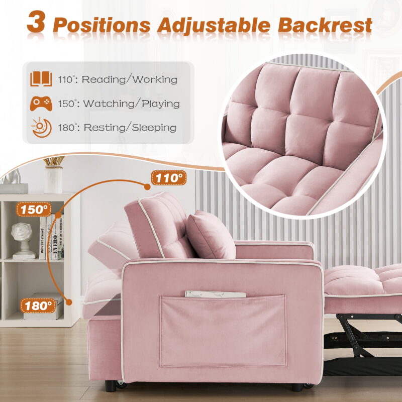 Dinosisco 3-in-1 Convertible Chair Bed, Sleeper Chair Lounge Chair Indoor, Modern Single Pull Out Couch for Living Room, Pink Velvet - Image 7