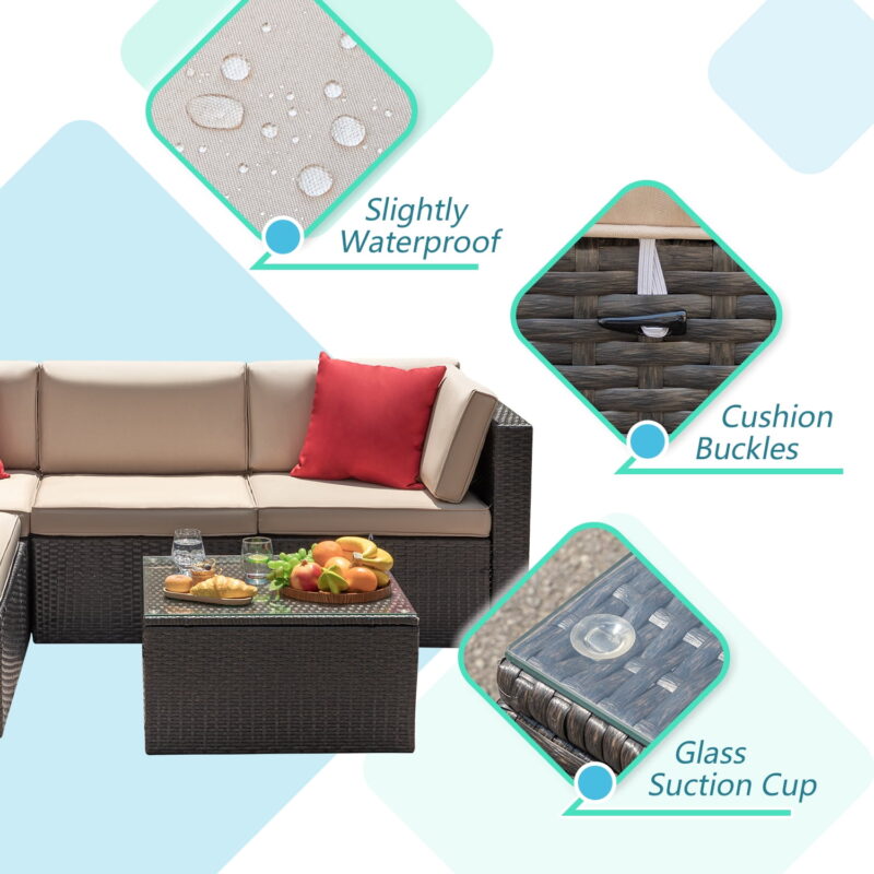 LACOO 5 Pieces Patio Sectional Set PE Rattan Outdoor All-Weather Wicker Conversation Set with Table, Beige - Image 7