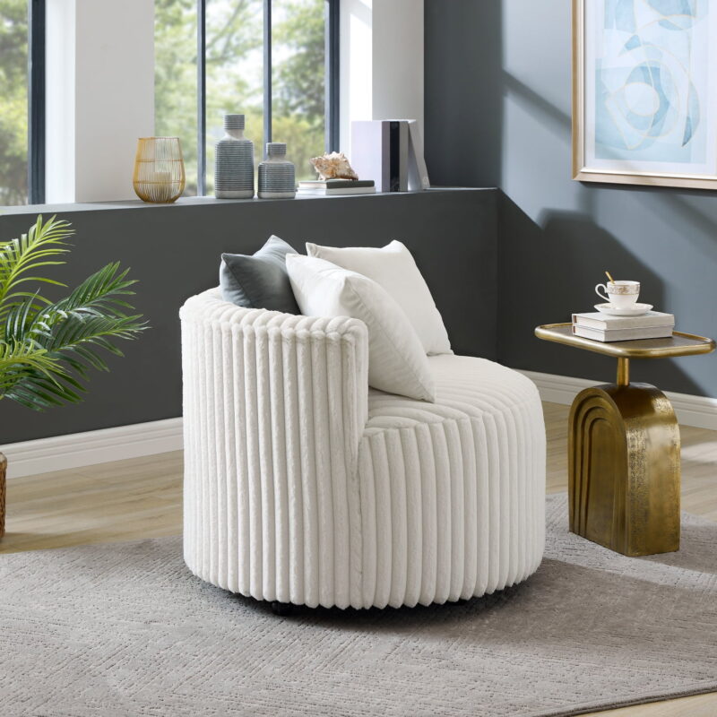 Roundhill Furniture Malna Wide Wale Corduroy Upholstered Barrel Accent Chair with Wheels, Off-white - Image 3